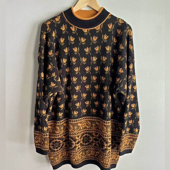 JP Collections Vintage Tulip Sweater L, Floral Knit, Black Mustard Pullover - Picture 1 of 9